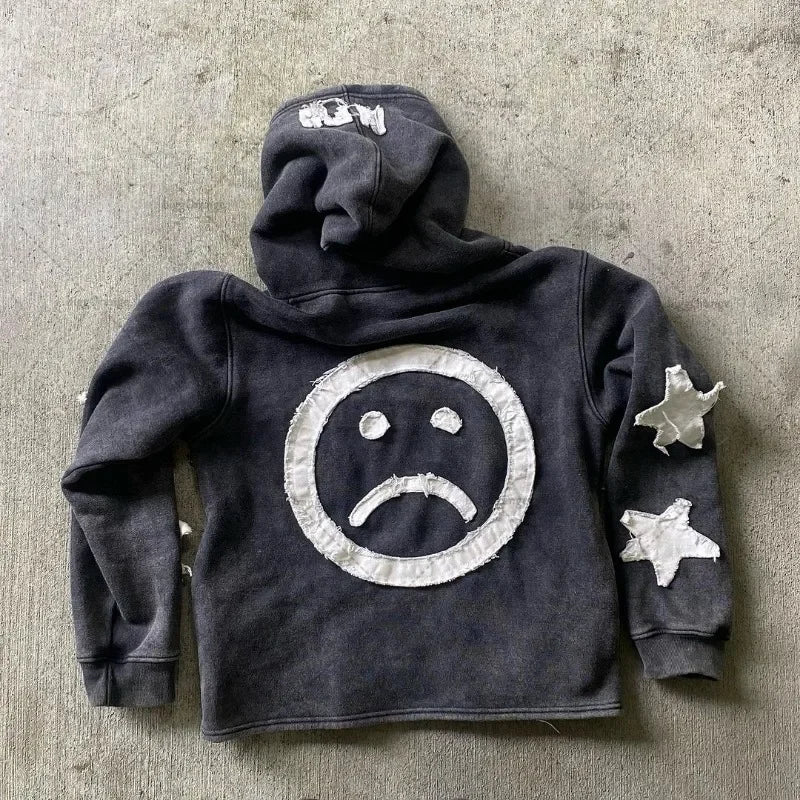 Hip-hop Trendy Clothing American Street Colorful Embroidered Zipper Hoodie Men Y2K Harajuku Retro All-match Oversized Jacket